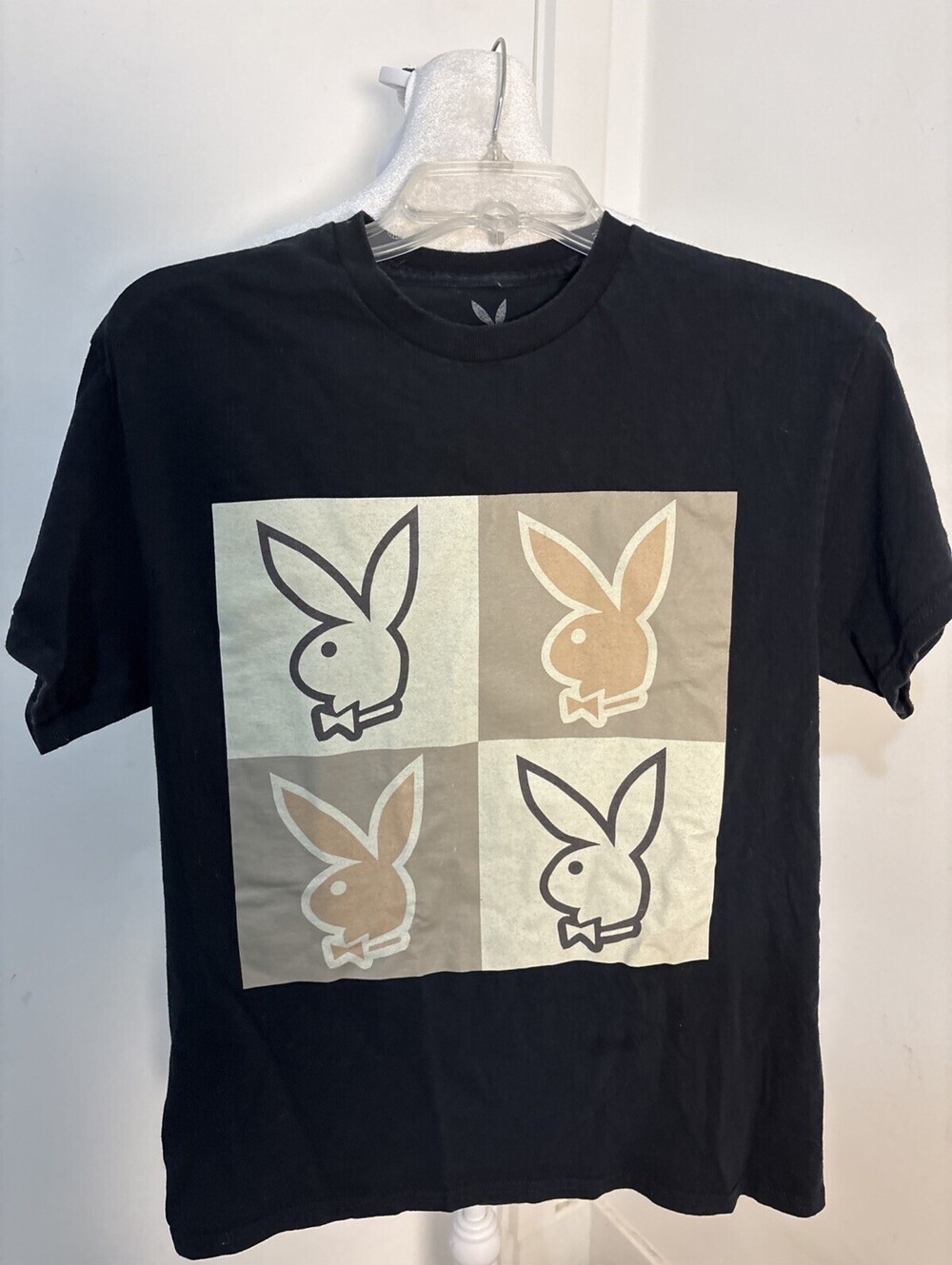 Playboy Bunny Graphic Tee T-Shirt Mens Medium Black Pop Art 4 Panel Logo Cotton